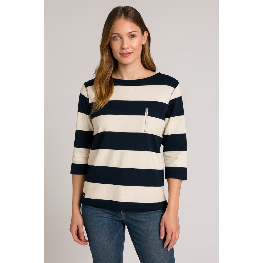 Lauren Ralph Lauren Dark Navy and White Striped Chest Pocket 3/4 Sleeve